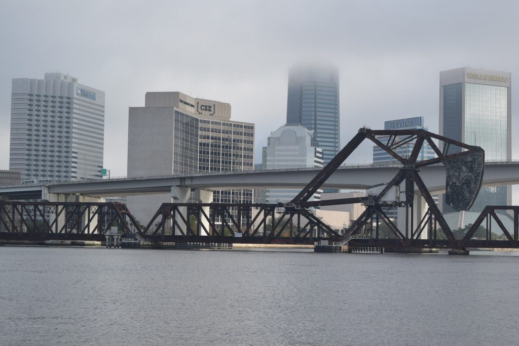 Old railroad bridge (5' clearance) in front of newer 65' bridge