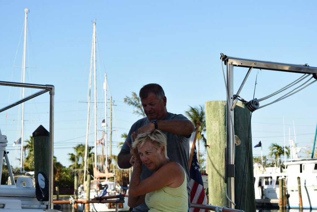 Getting a haircut on aft deck